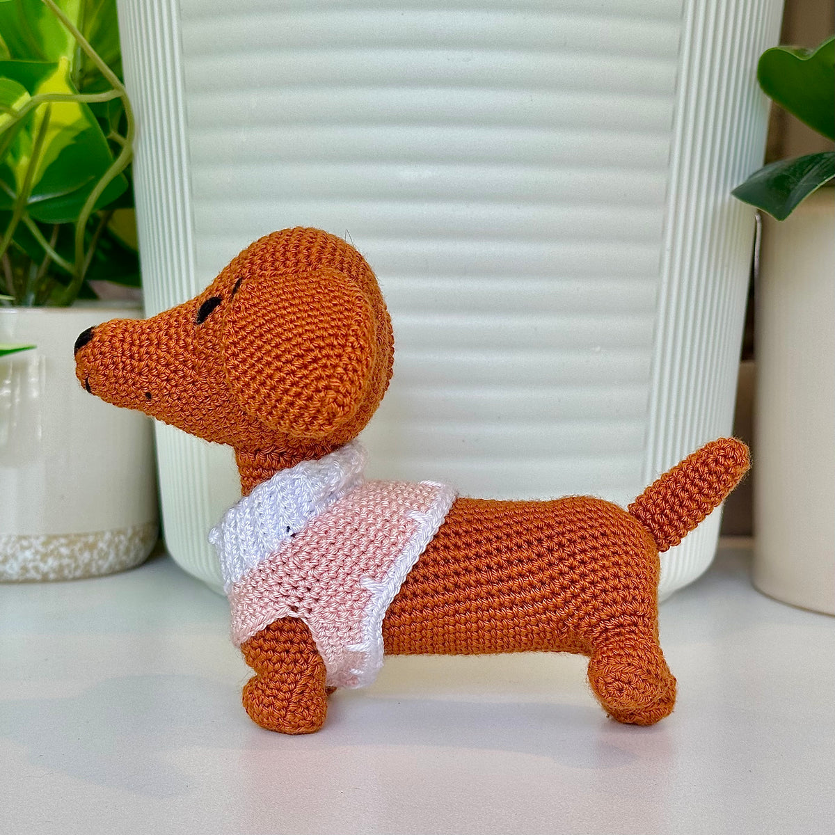 Dachshund Dog in Collared Pink Sweater Crochet Plush