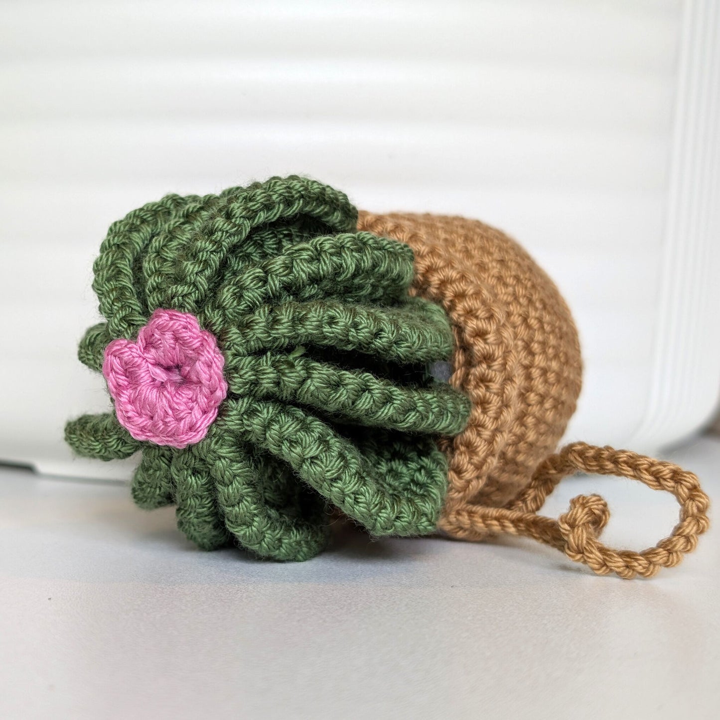 Golden Barrel Cactus in Beige Pot Crochet Keychain