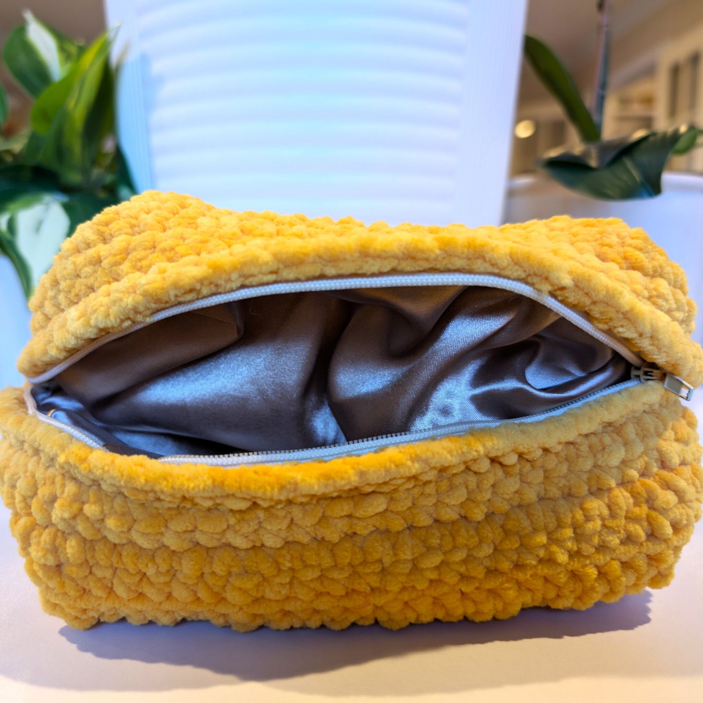 Golden Yellow Cosmetic Bag - Large Crochet Zipper Bag