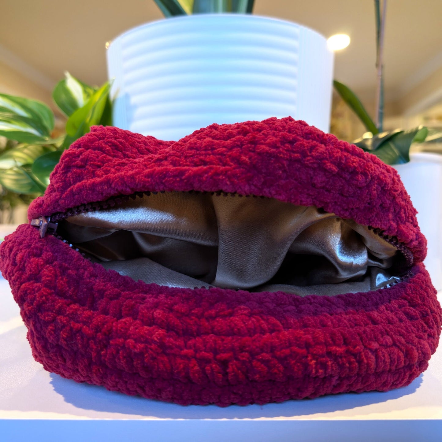 Wine Red Cosmetic Bag - Crochet Zipper Bag