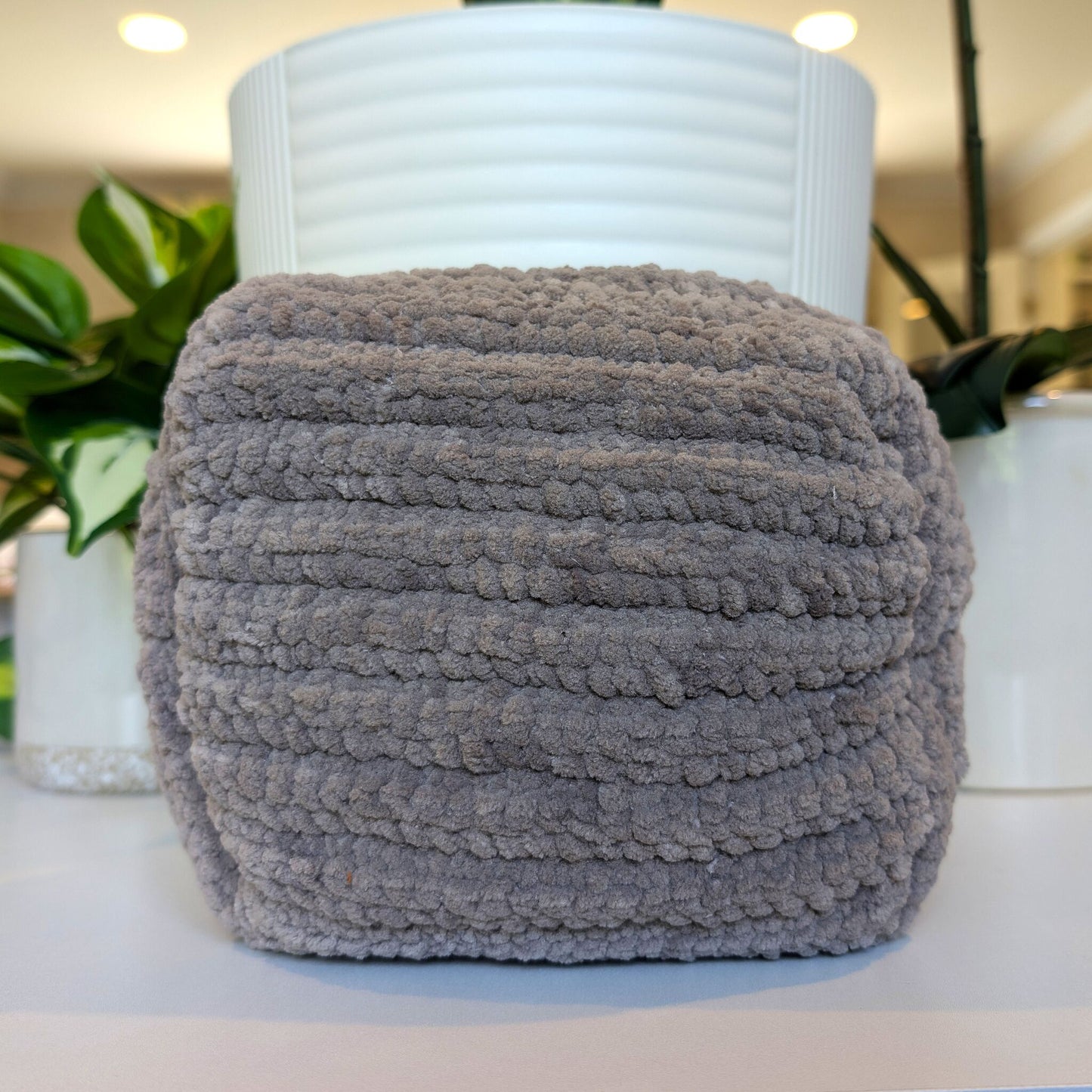 Light Taupe Cosmetic Bag with Gray Satin Lining - Crochet Zipper Pouch