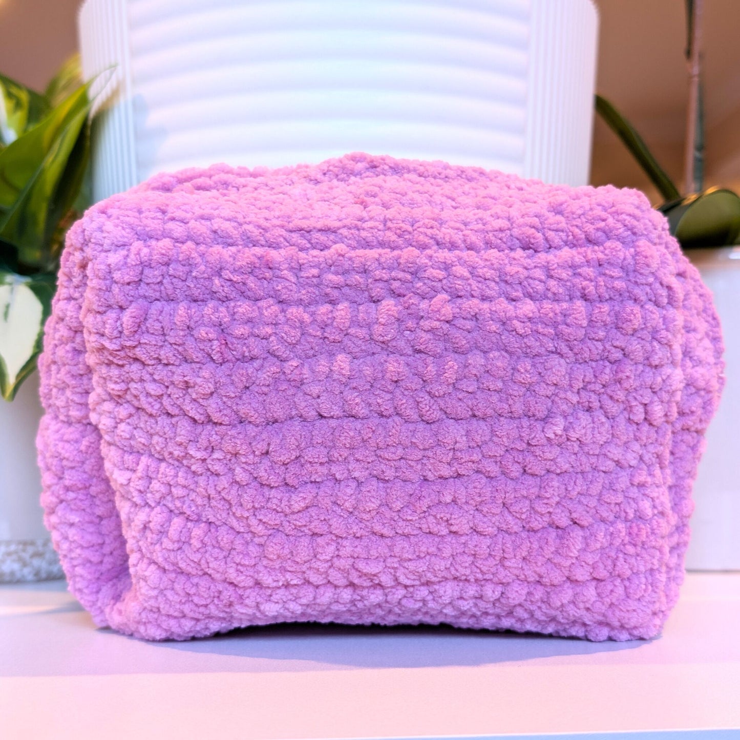 Flamingo pink crochet cosmetic bag with zipper and copper satin lining