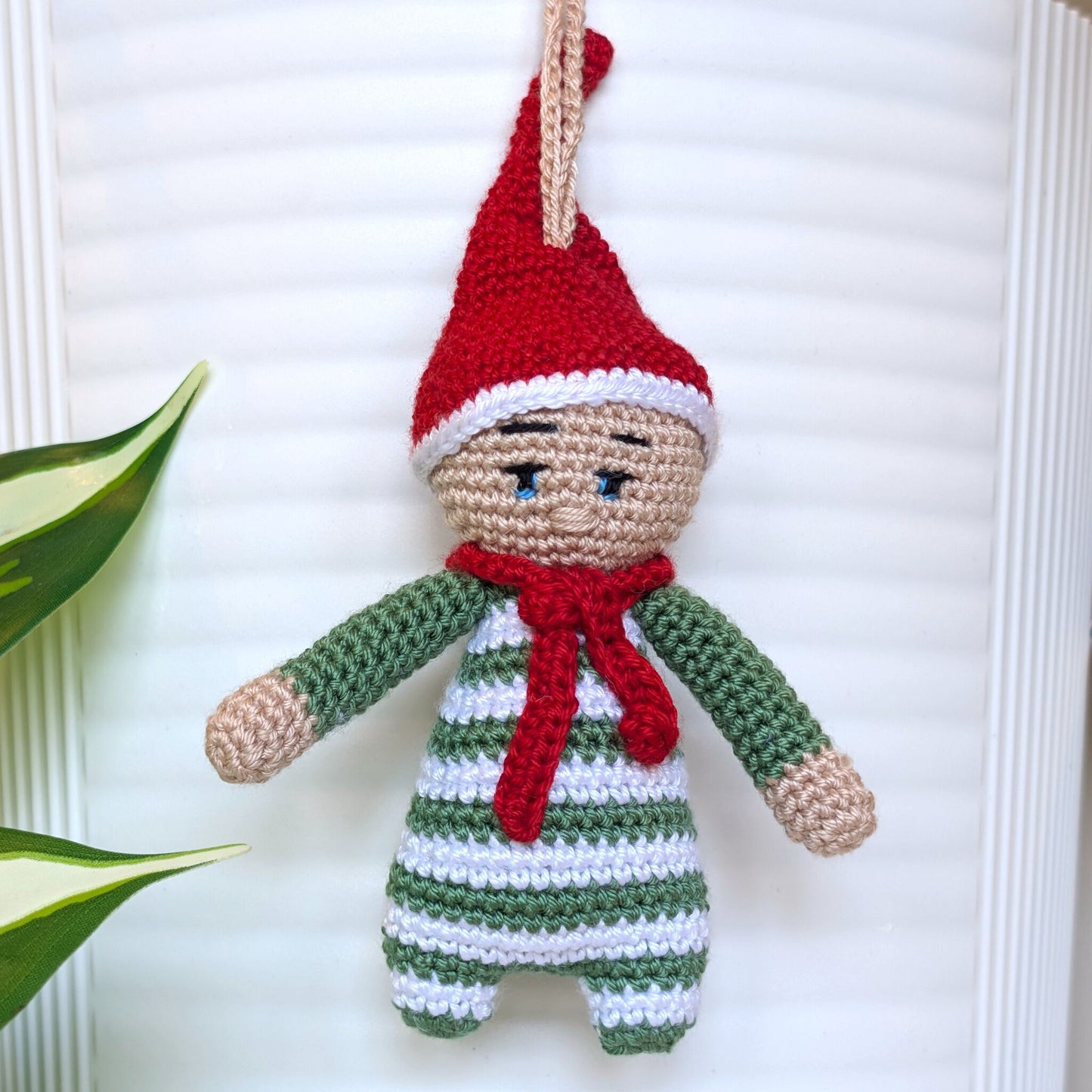 Elf in Dark Sage Green Amigurumi - Handmade Crochet Ornament