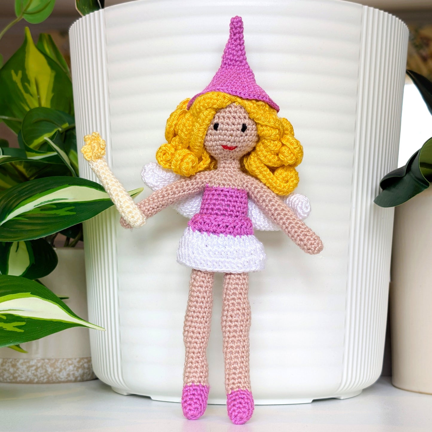 Fairy in a White Trim Dress & Hat Amigurumi - Handmade Crochet Doll