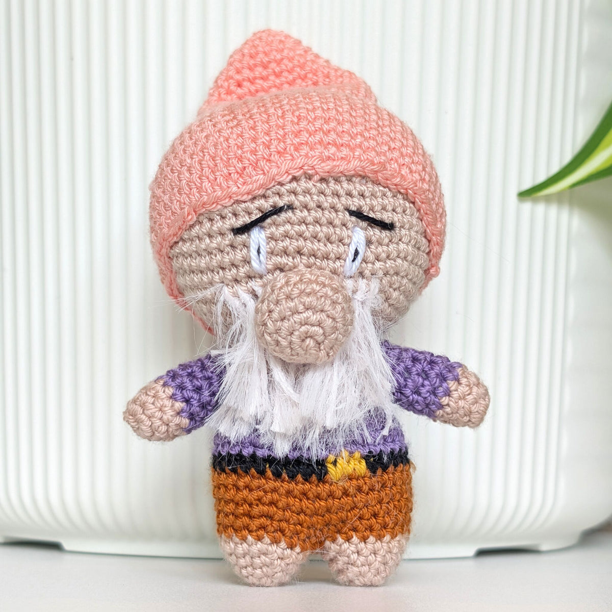 Garden Gnome “Theo” in Melon & Lavender – Crochet Plush Figurine