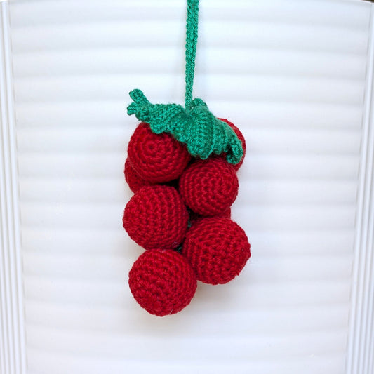 Crocheted red grapes with green stem and string