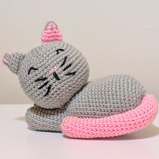 Gray Cat Resting with Pink Tail - Amigurumi Plushie