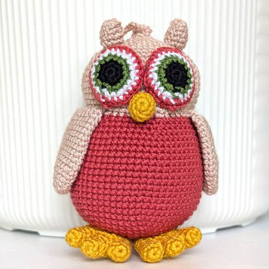 Owl Amigurumi - Brilliant Amaranth and Beige Crochet Bird