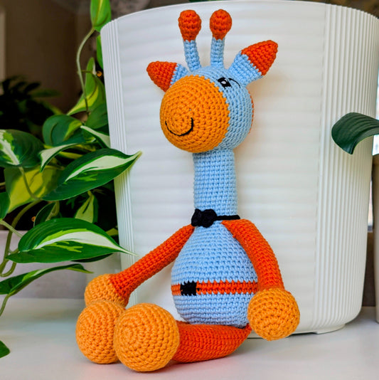 Giraffe “Benny” in Sky Blue & Orange – Handmade Crochet Plushie