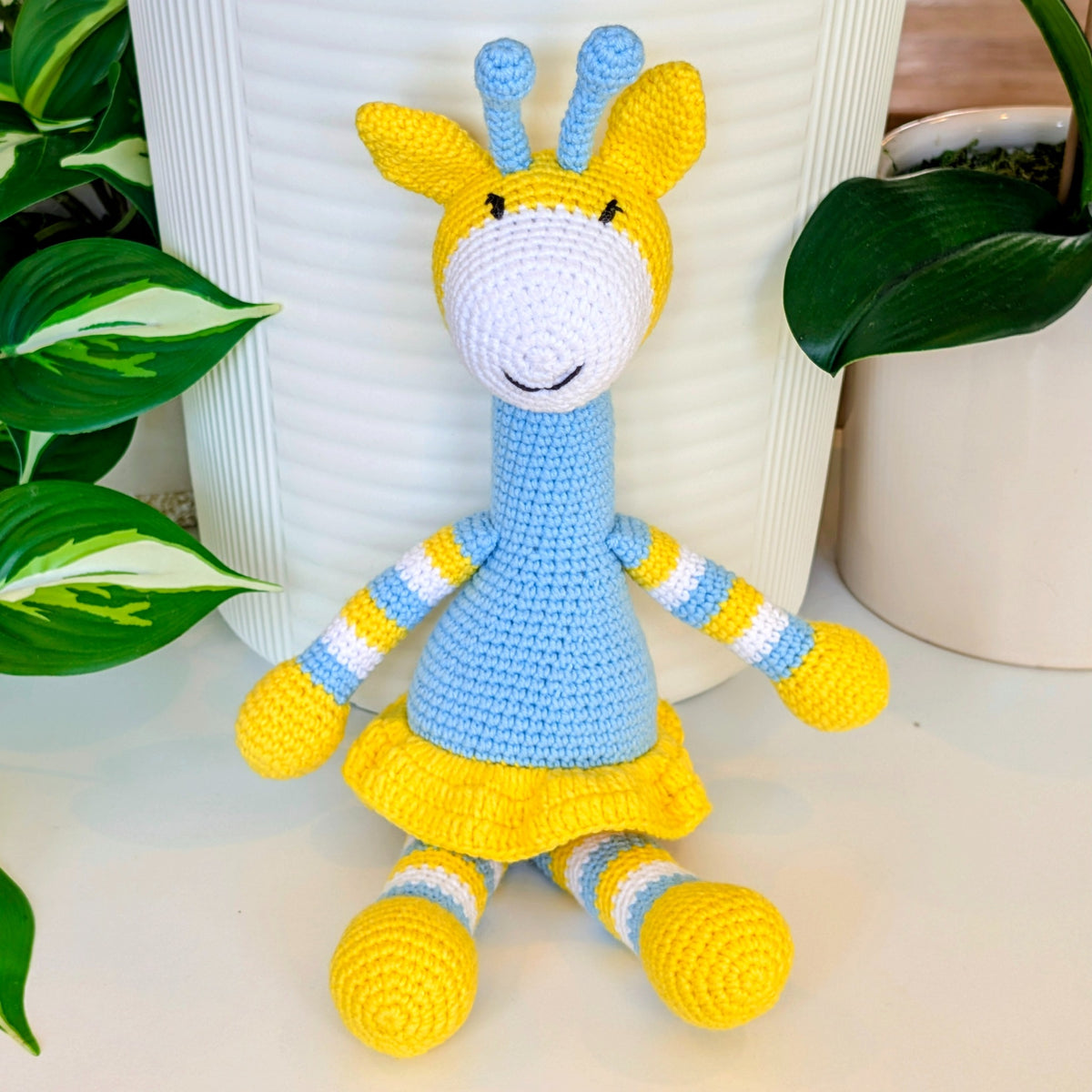 Giraffe “Hazel” in Cornflower Blue and Yellow – Handmade Crochet Plushie