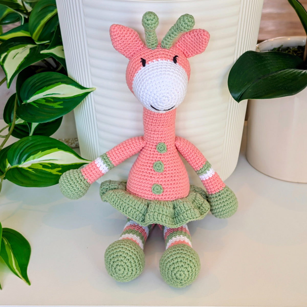 Giraffe “Clover” in Coral Pink and Sage Green – Handmade Crochet Plushie