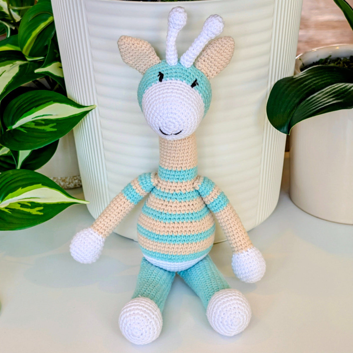 Giraffe “Mina” in Soft Turquoise and Cream – Handmade Crochet Plushie