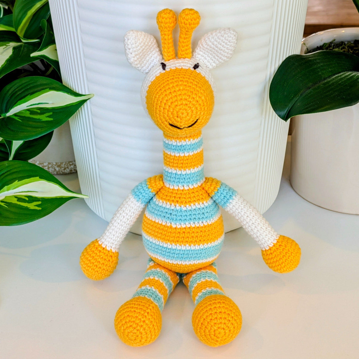 Giraffe “Sunny” in Amber and Sky Blue – Handmade Crochet Plushie