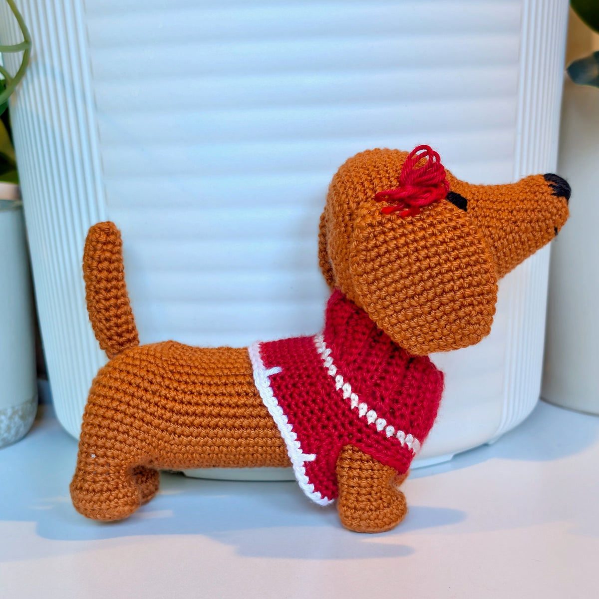 Dachshund Dog (with Bow Clip) Crochet Plush - Ginger