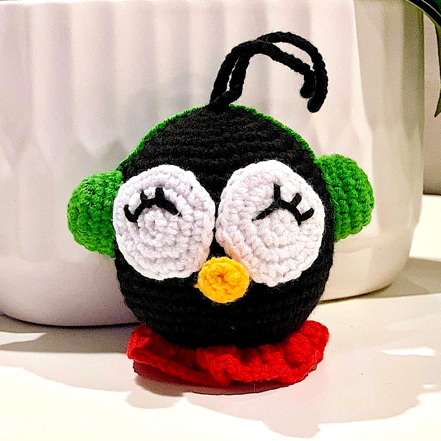Penguin Head - Green Hat - Handmade Crochet Ornament