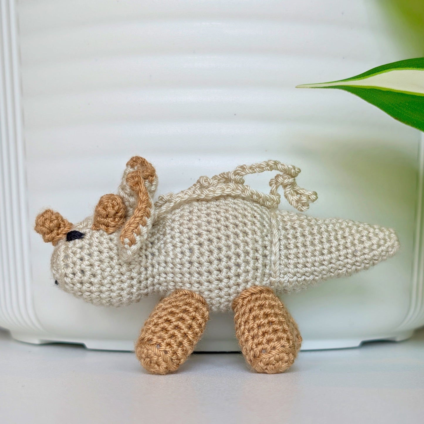 Triceratops Beige Plush Charm - Crochet Dino