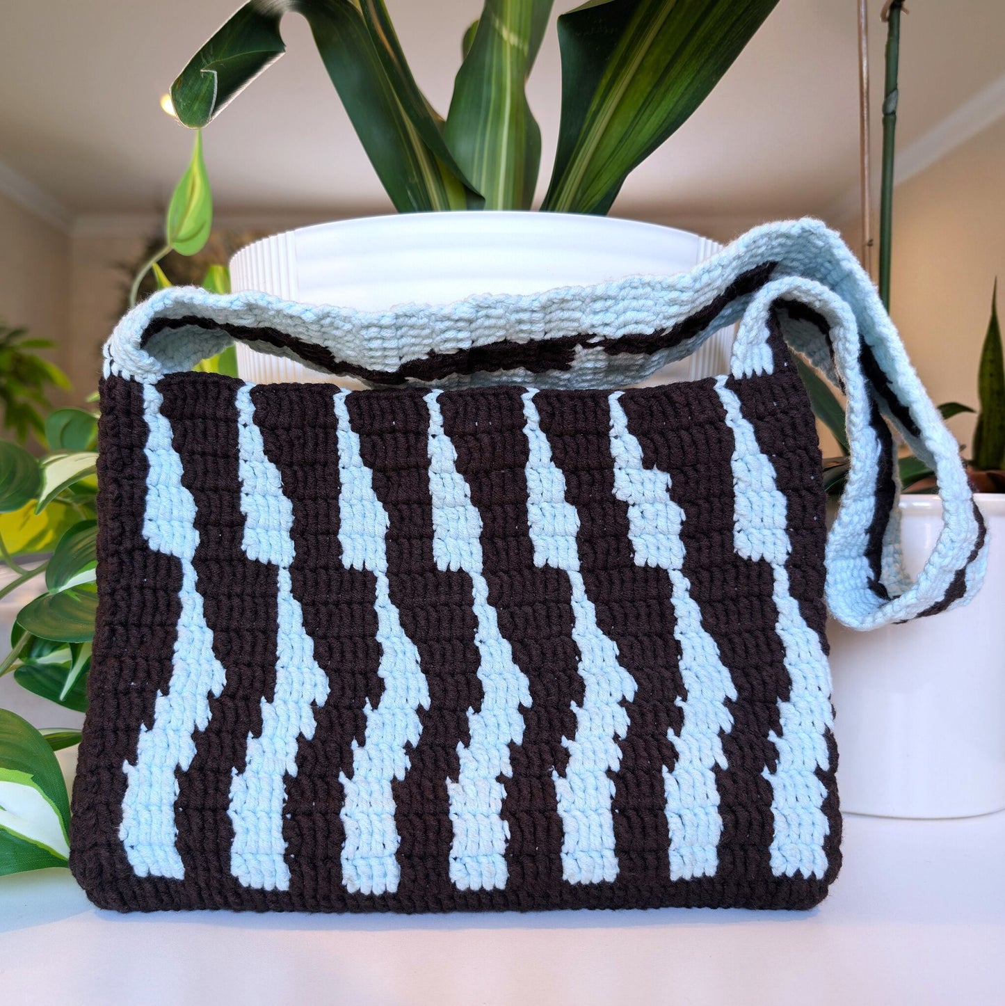 Shoulder Bag - Black and Light Blue Pattern Crochet