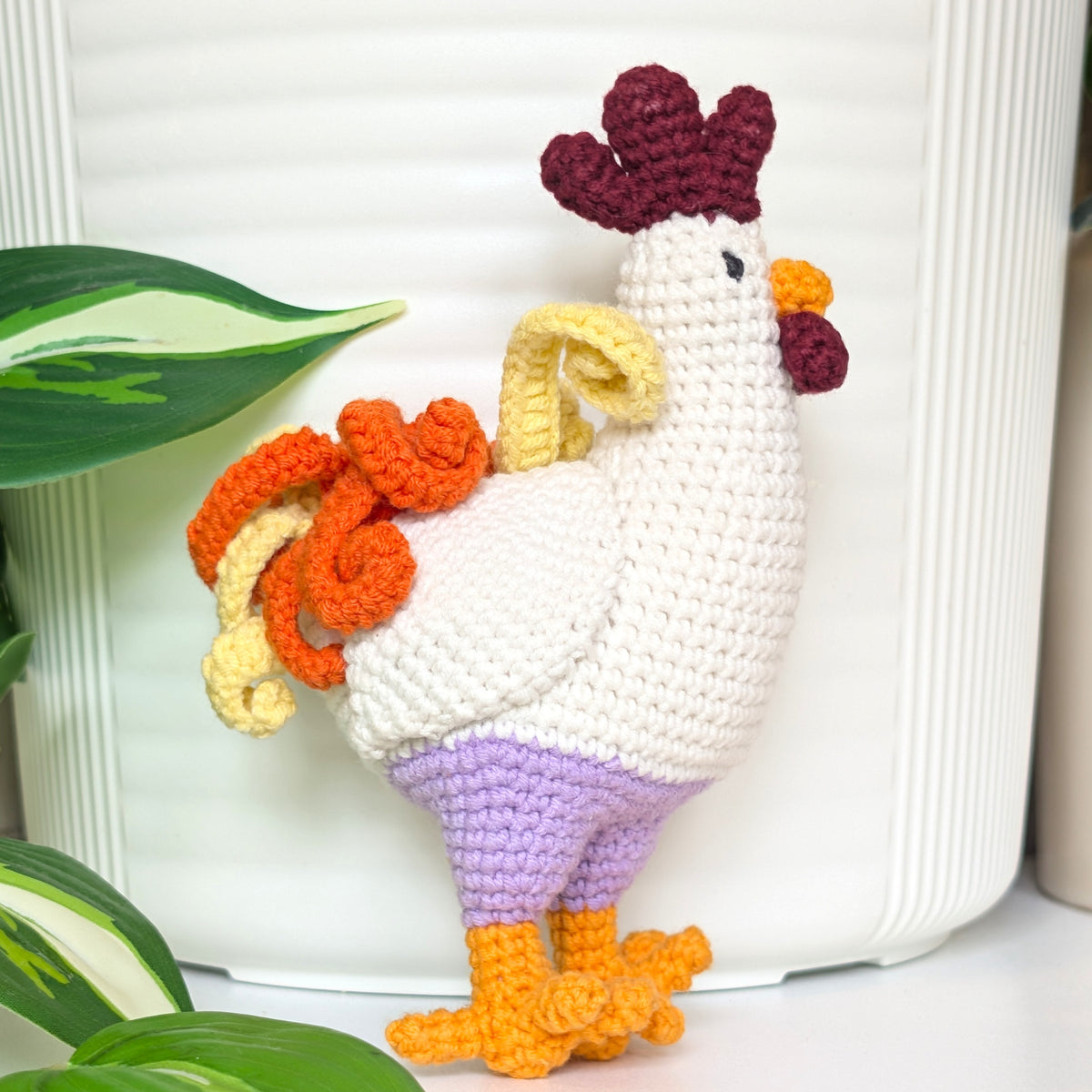 Rooster in Lavender Pants - Handmade Crochet Plushie