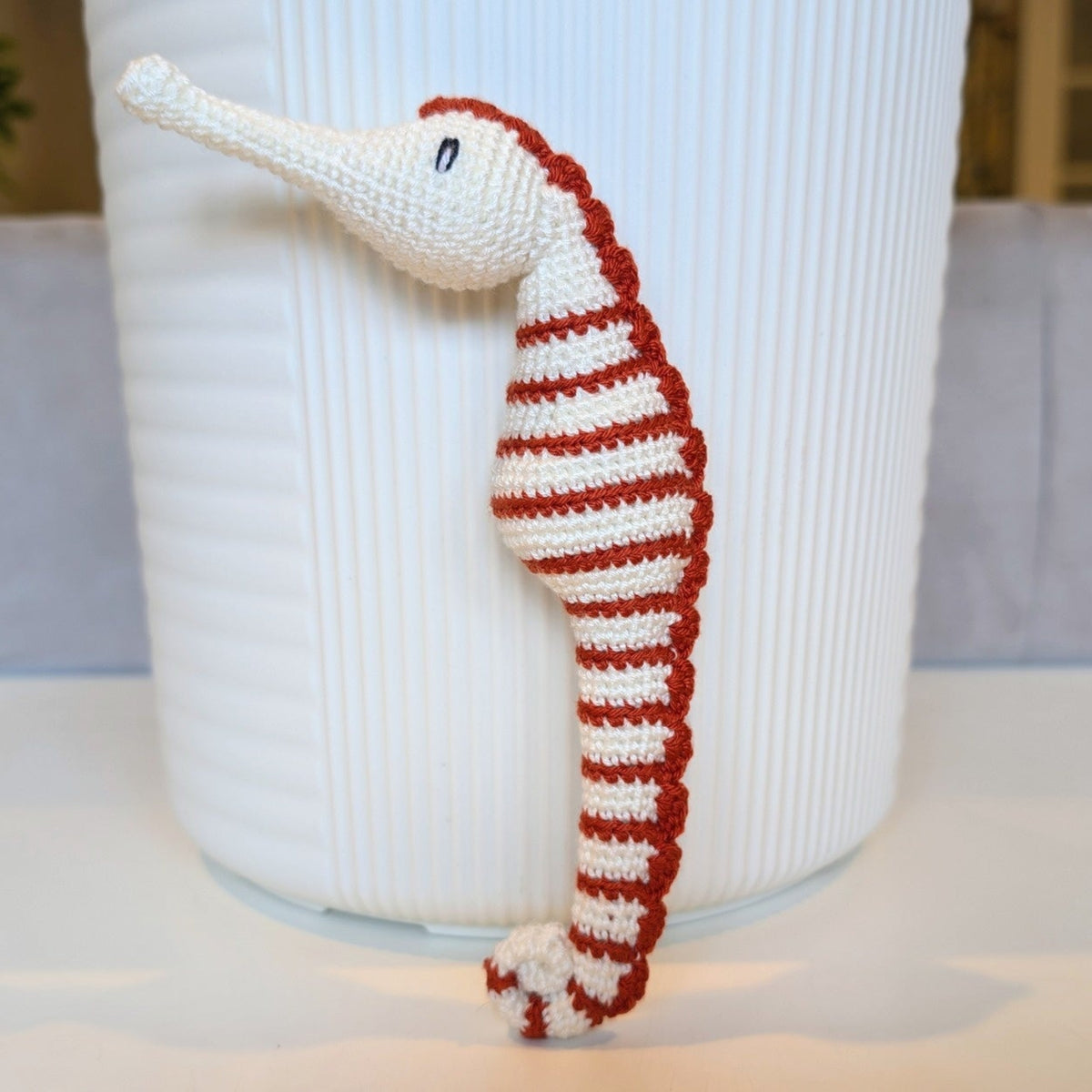 Seahorse White with Terracotta - Handmade Crochet Plushie