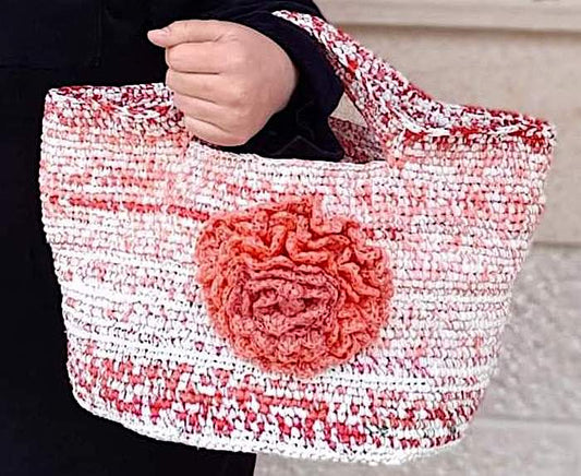 Pink and White Upcycled Bag with Flower