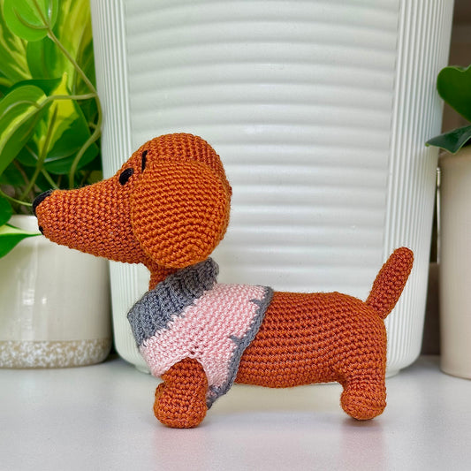 Dachshund Dog in Collared Pink Sweater Crochet Plush