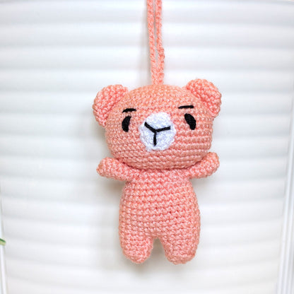 Coral pink crocheted mini teddy bear bag charm with string