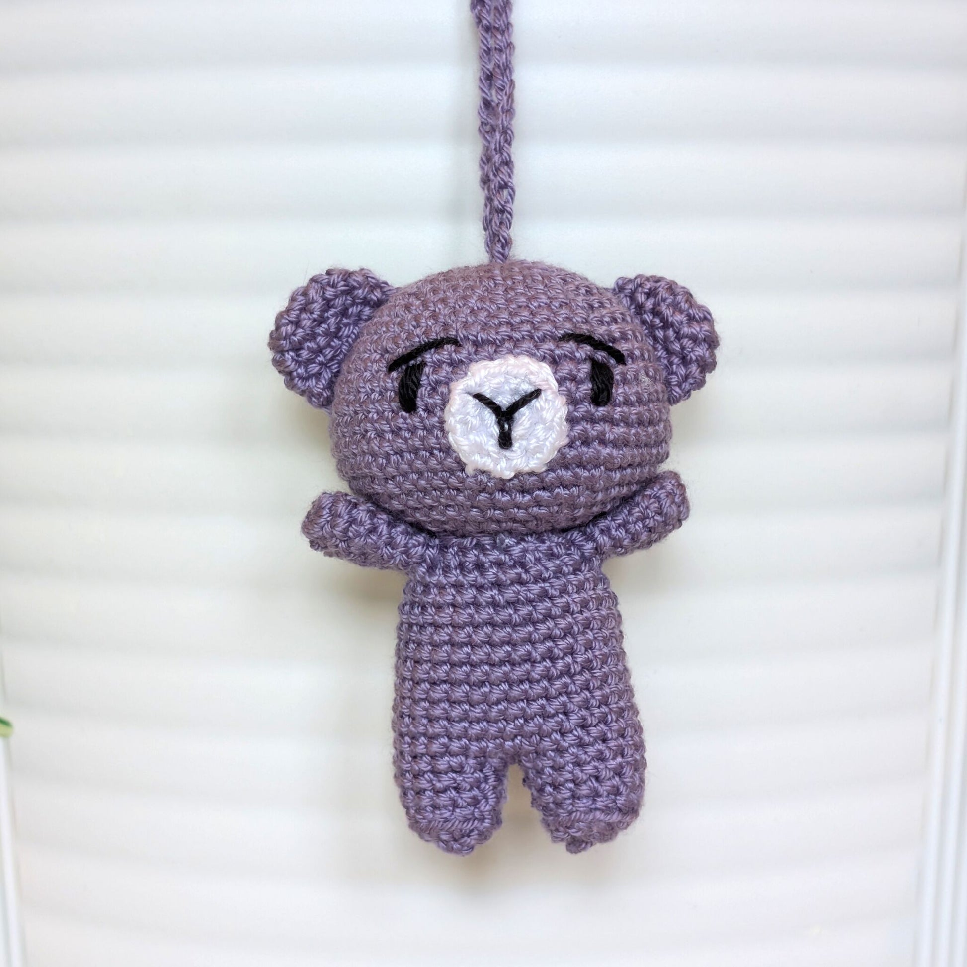 Dark lavender crocheted mini teddy bear bag charm with string