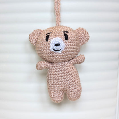 Dusty pink crocheted mini teddy bear bag charm with string