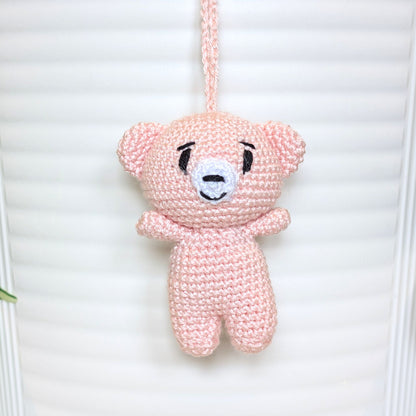 Soft melon colored crocheted mini teddy bear bag charm with string