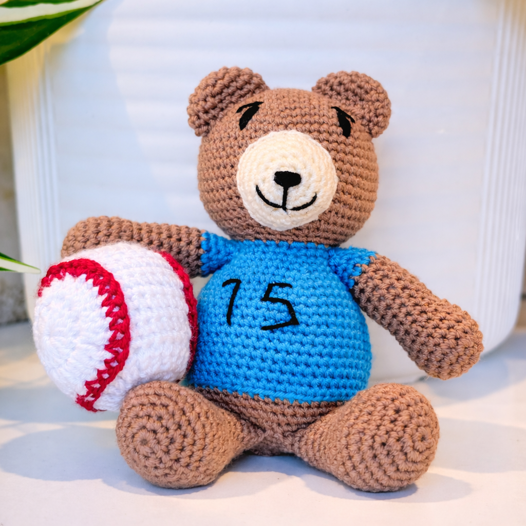 Bear with Baseball Amigurumi - Sand Brown - Crochet Plushie
