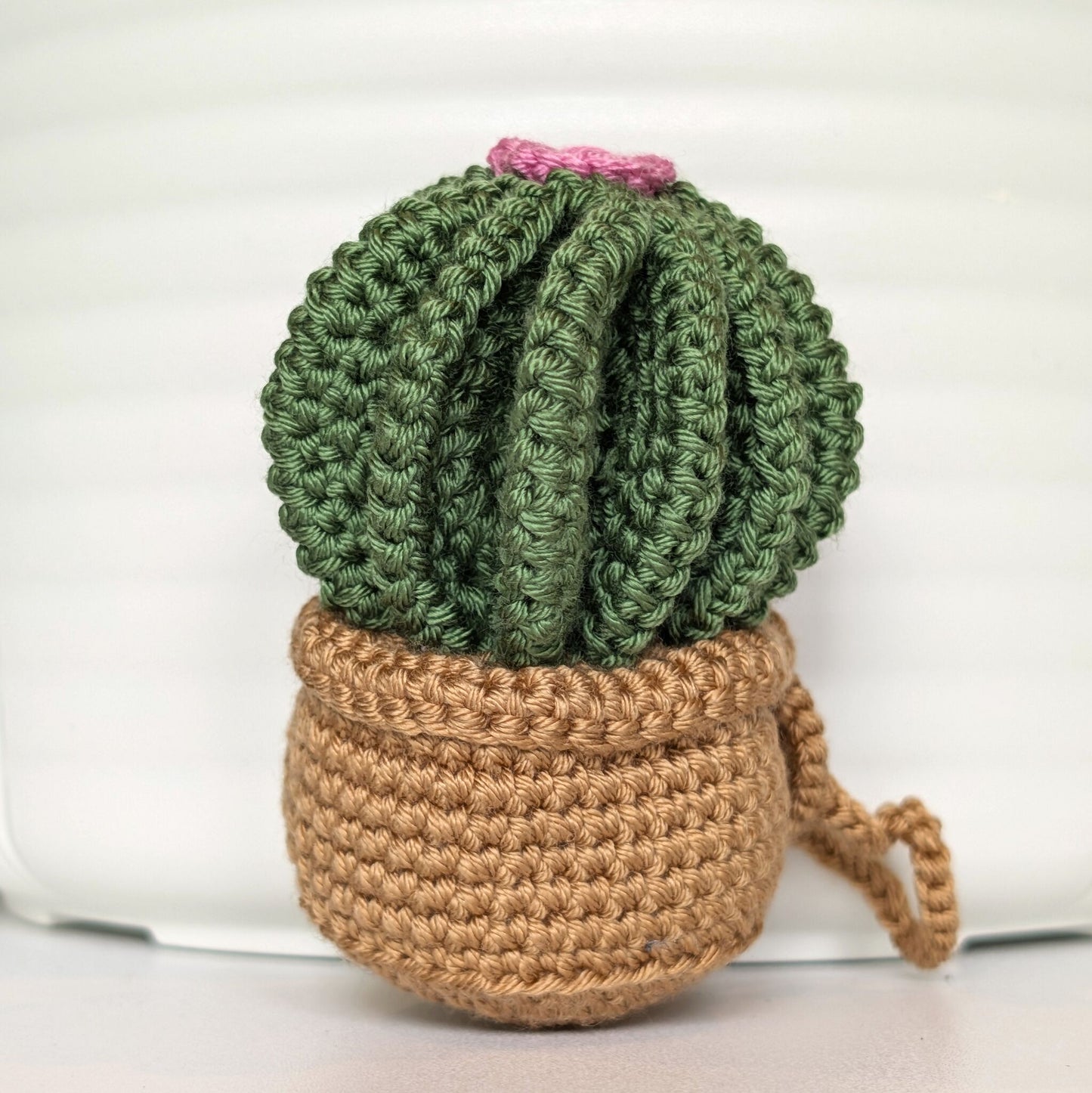 Golden Barrel Cactus in Beige Pot Crochet Keychain