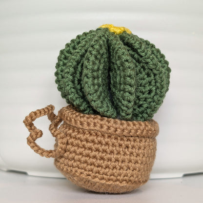 Golden Barrel Cactus in Beige Pot Crochet Keychain