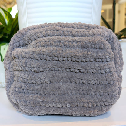 Light Taupe Cosmetic Bag with Gray Satin Lining - Crochet Zipper Pouch