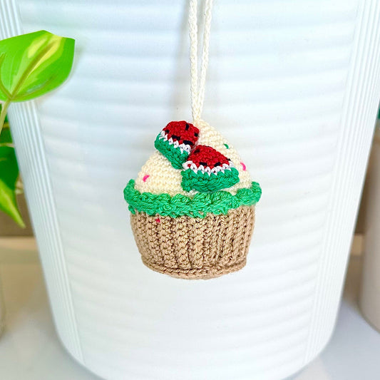 Crocheted watermelon cupcake keychain bag charm with a string 
