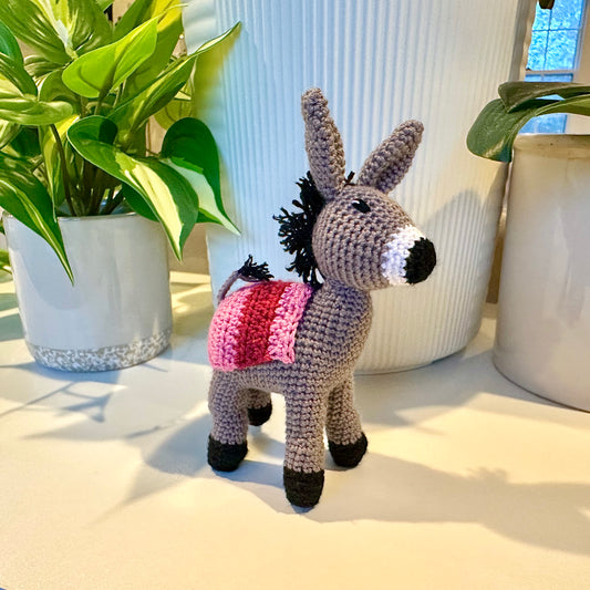 Donkey Mini-Small (Dusty Pink Burgundy Saddle) Crochet Plush Figurine