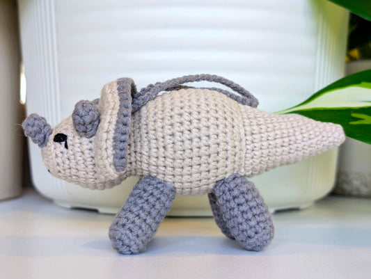 Triceratops Plush Charm - Dark Cream Crochet Dino