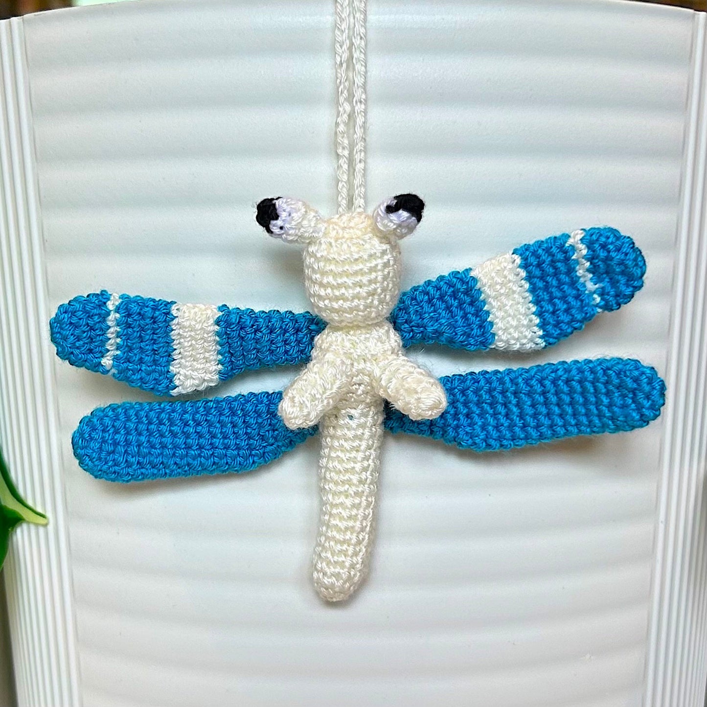Crochet azure and cream dragonfly bag charm 