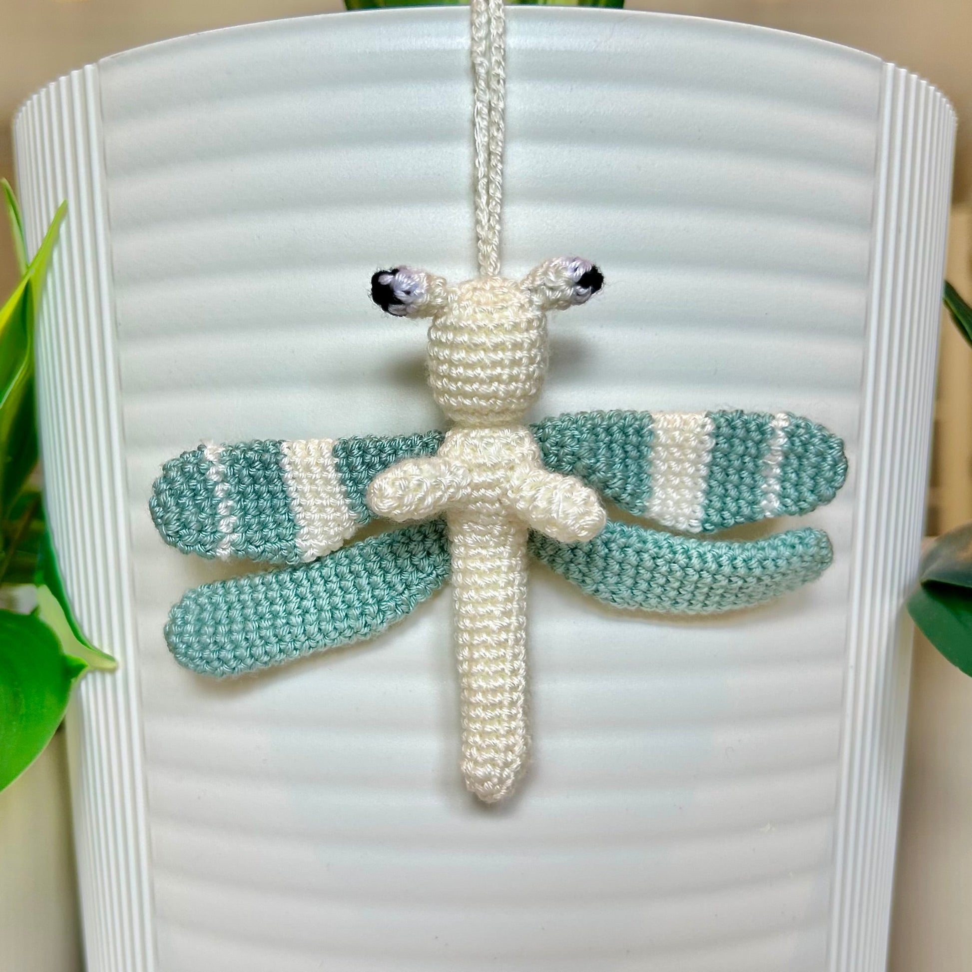 Crochet small seafoam and cream dragonfly bag charm
