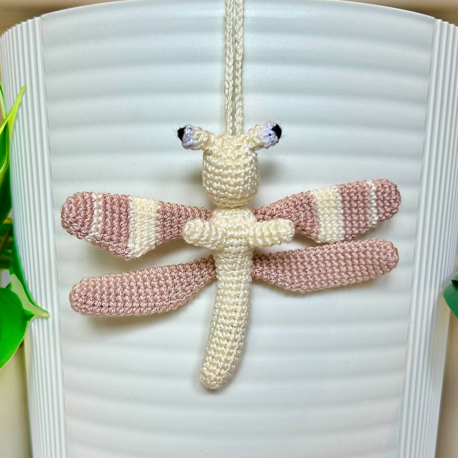 Crochet small soft melon and cream dragonfly bag charm