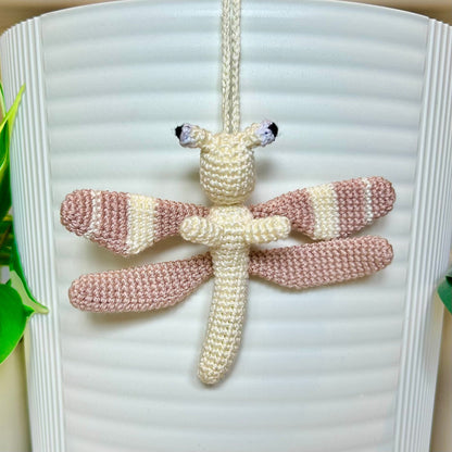 Crochet small soft melon and cream dragonfly bag charm