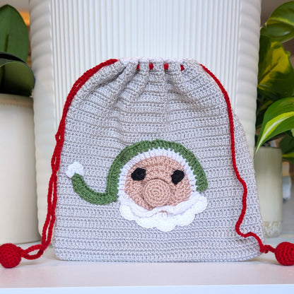 A light gray crocheted drawstring bag with red cords and a crocheted Santa face applique on the front, displayed on a white surface with potted plants in the background.