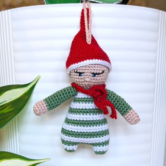 Elf in Dark Sage Green Amigurumi - Handmade Crochet Ornament