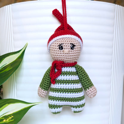 Elf in Moss Green Amigurumi - Handmade Crochet Ornament