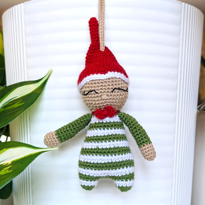 Elf in Moss Green Amigurumi - Handmade Crochet Ornament