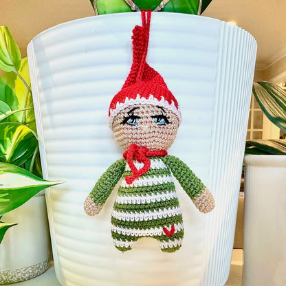 Elf in Moss Green Amigurumi - Handmade Crochet Ornament