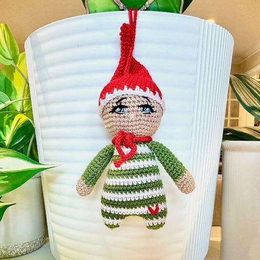 Elf in Moss Green Amigurumi - Handmade Crochet Ornament