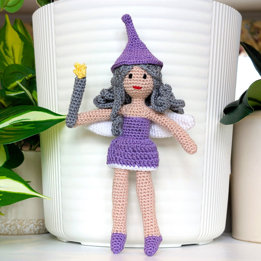 Fairy in a White Trim Dress & Hat Amigurumi - Handmade Crochet Doll