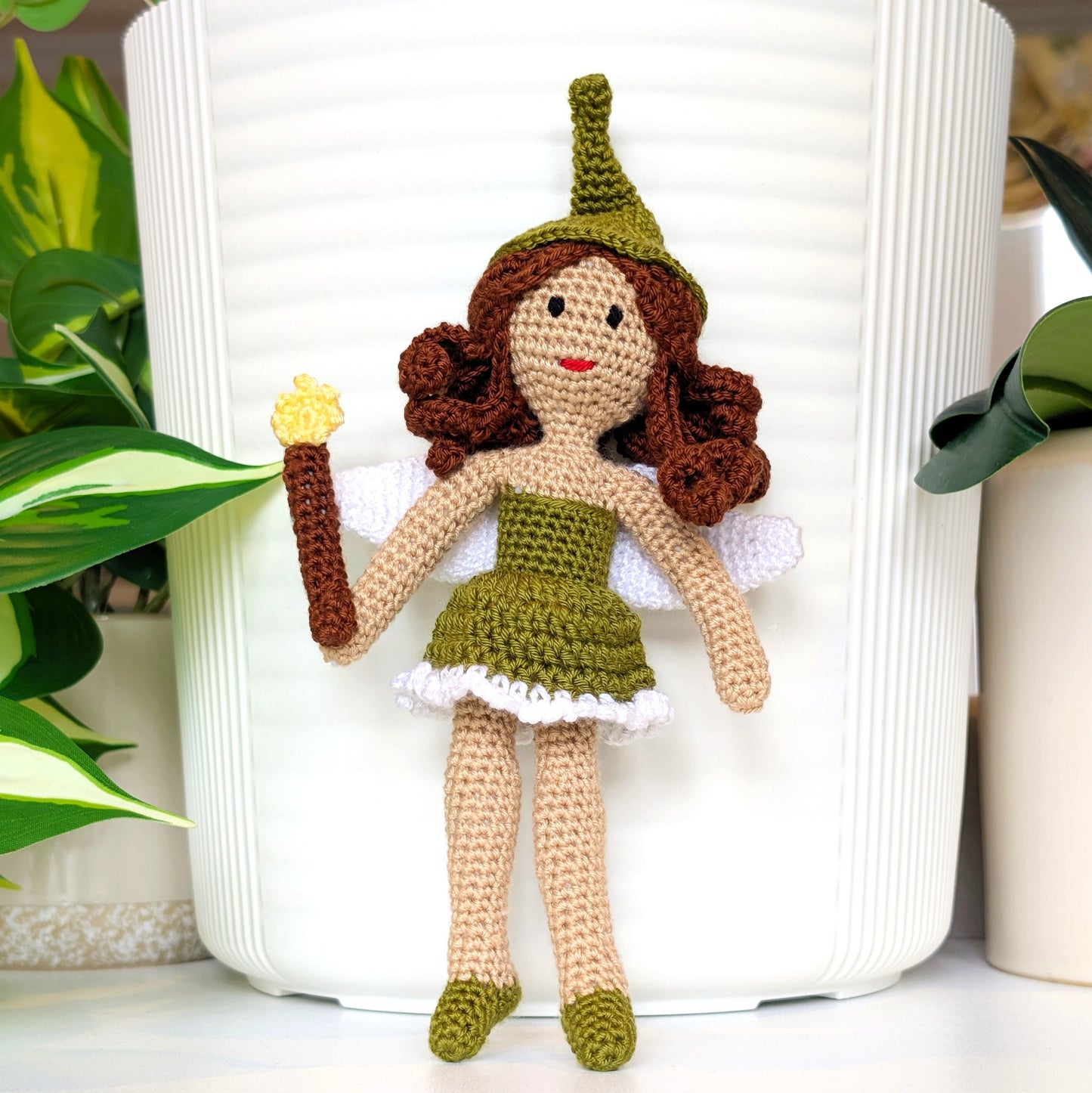 Fairy in a White Trim Dress & Hat Amigurumi - Handmade Crochet Doll