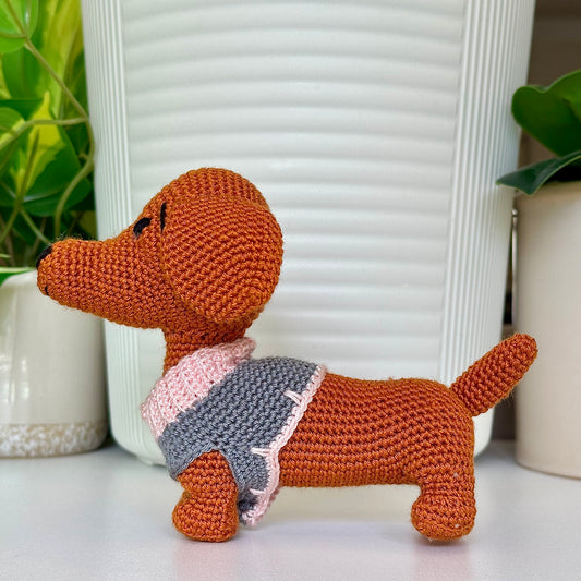Dachshund Dog in Collared Gray Sweater - Crochet Plush