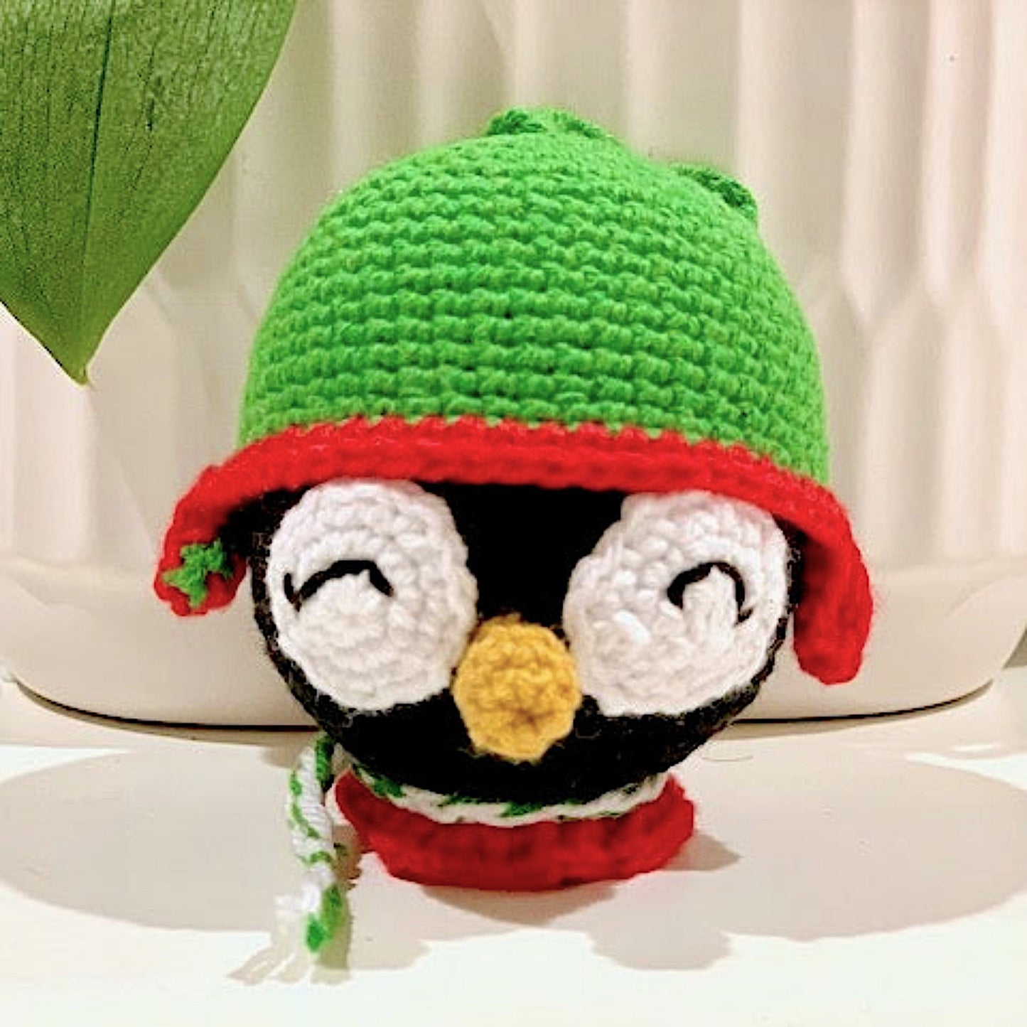 Penguin Head - Green Hat - Handmade Crochet Ornament